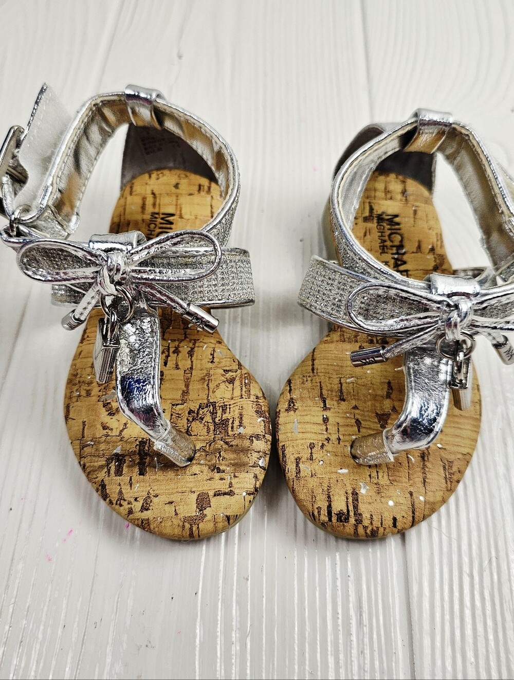 Michael Kors Toddler Girl Sandals Silver Sparkle with Bow and Charm